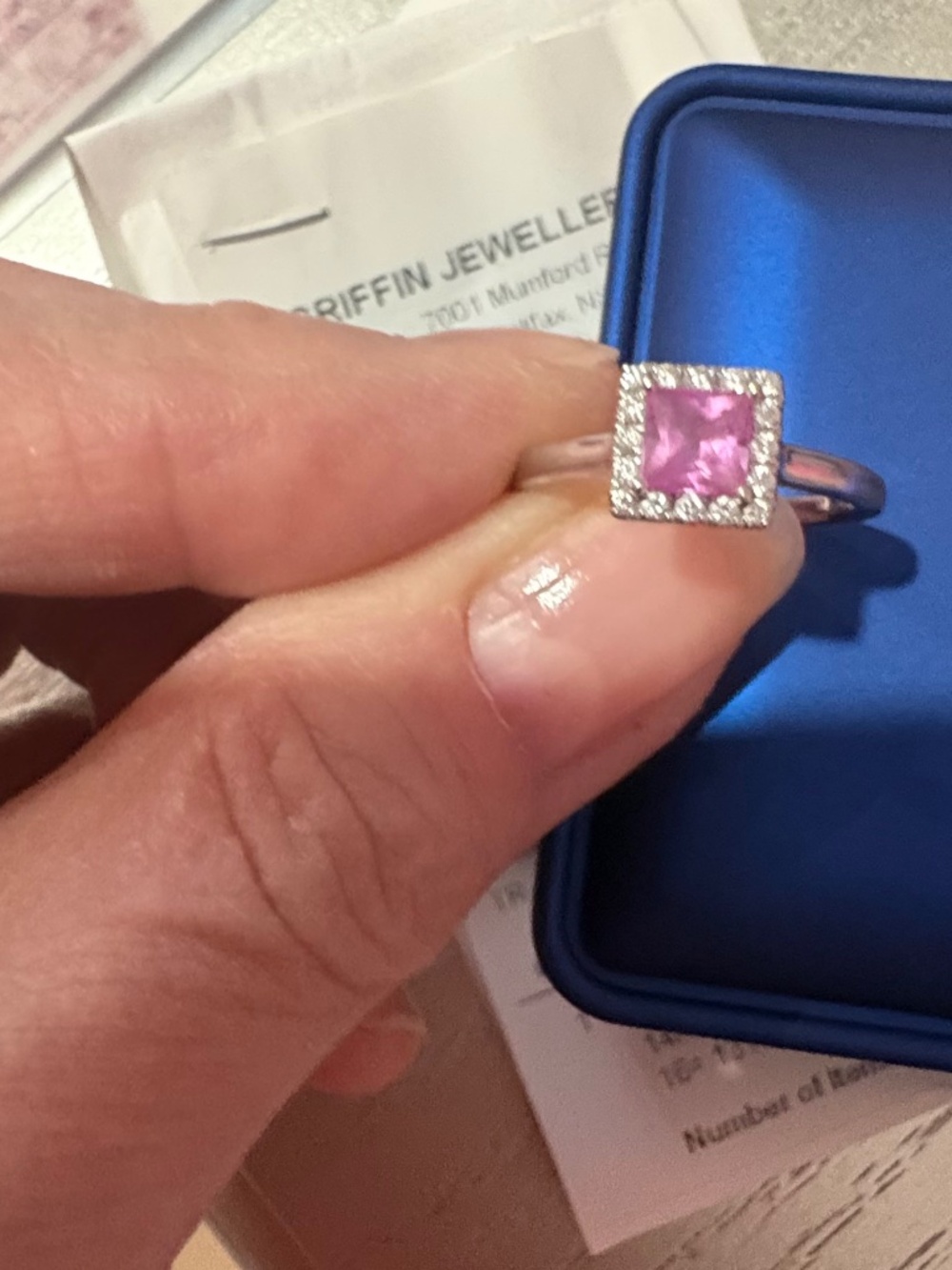 14K White Gold Pink Saphire with Diamond Halo Ring